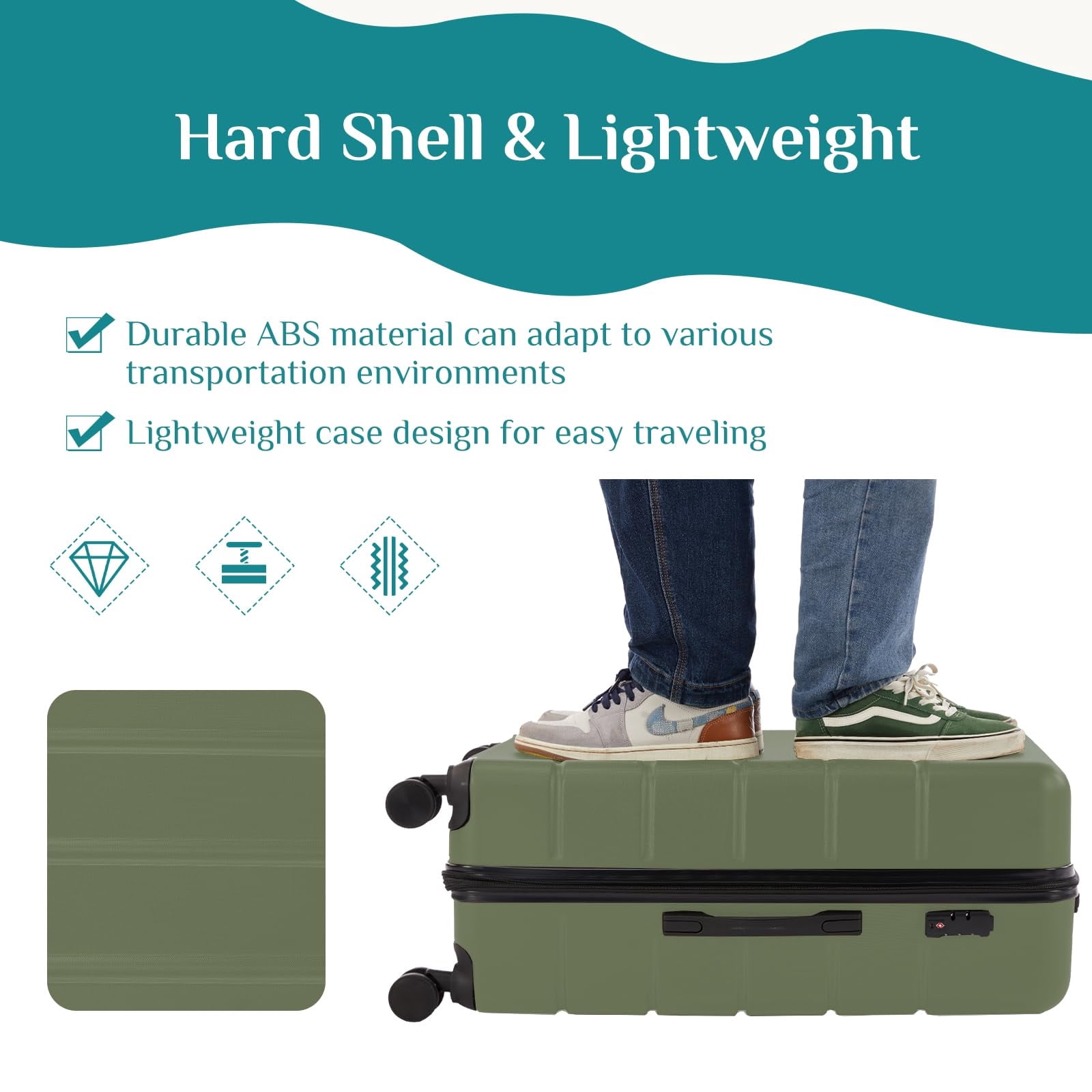 Kelno Large Checked Luggage with Spinner Wheels ABS Hard Shell Suitcase Expandable Rolling Luggage with TSA Lock, Green