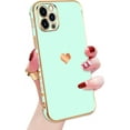 thumbnail image 2 of Compatible with iPhone 13 Pro Max Case for Women Girls, Luxury Gold Electroplate Plating Edge Love Heart Side Back Case with Full Camera Len TPU Cover Girly Slim Sleek Cute Case Teal, 2 of 17