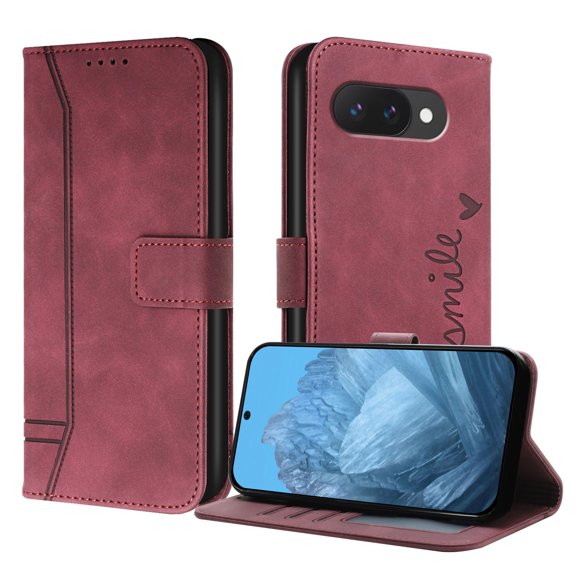 ELEHOLD Case for Google Pixel 9A, Shockproof Leather Wallet Phone Case with Card Slots, Stand Function, Winered
