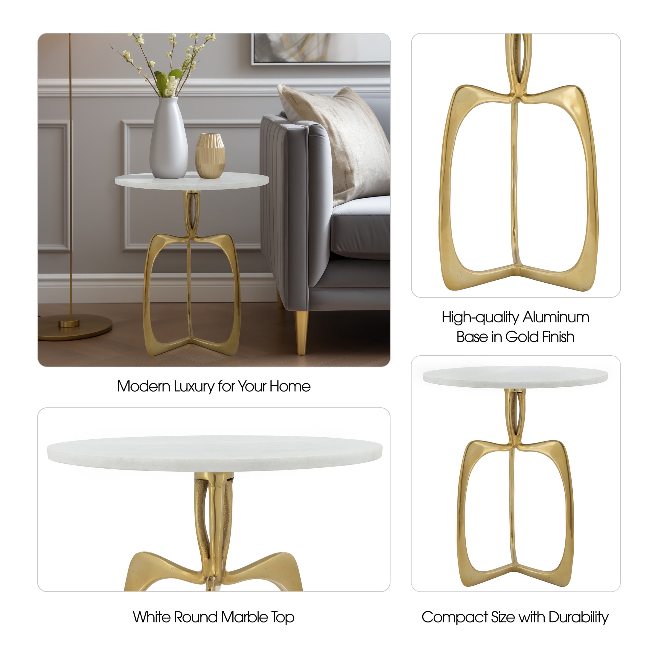 Modern End Table with Marble Top for Bedside or Living Room Decor - Sculptural Aluminum Base Side Table for Small Spaces - Decoarative Compact Accent Table for Home Display - 23", Gold & Metallic