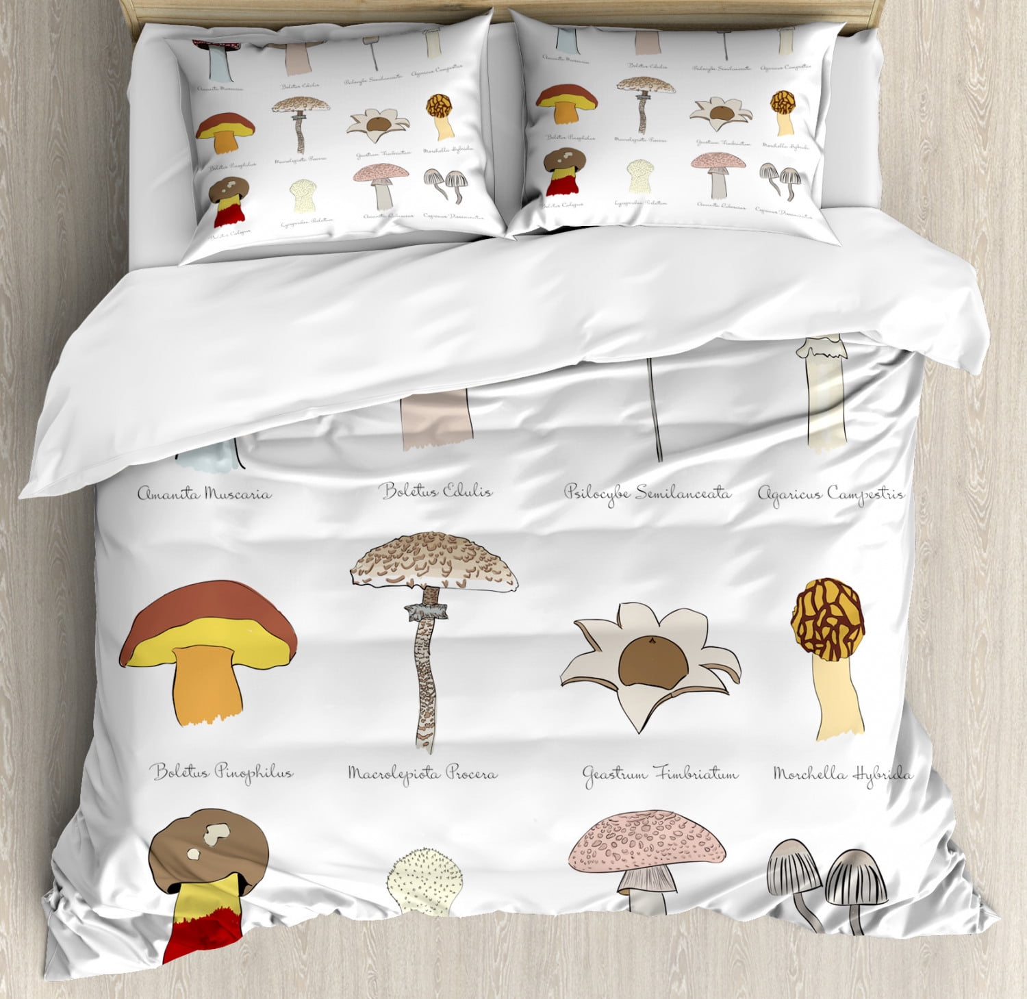 Mushroom King Size Duvet Cover Set, Colorful Fungi Pattern Blusher