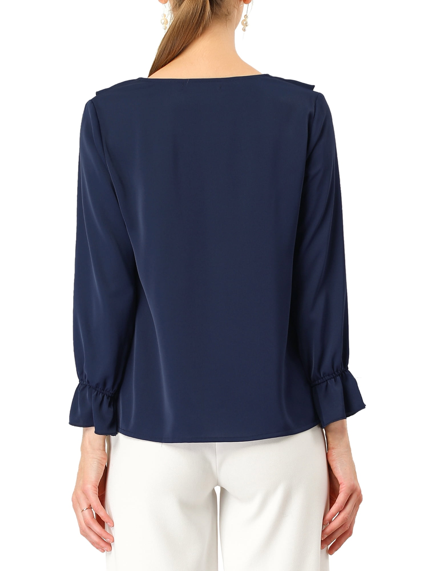 DARING DIVA Women's Ruffle V Neck Chiffon Peasant Blouse XS Dark Blue