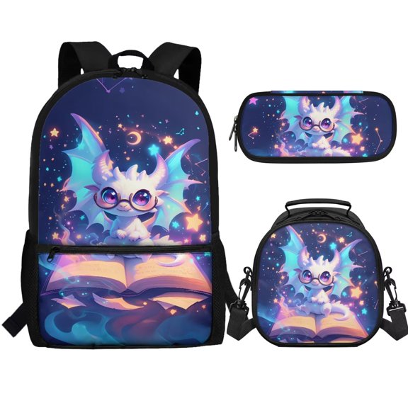 Yuyamidu Cute Magic Dragon Backpack School Set 3Pcs with Lunch Box Pencil Case Sports Bookbag Back Pack Lightweight Casual Daypacks for Elementary Primary Middle School