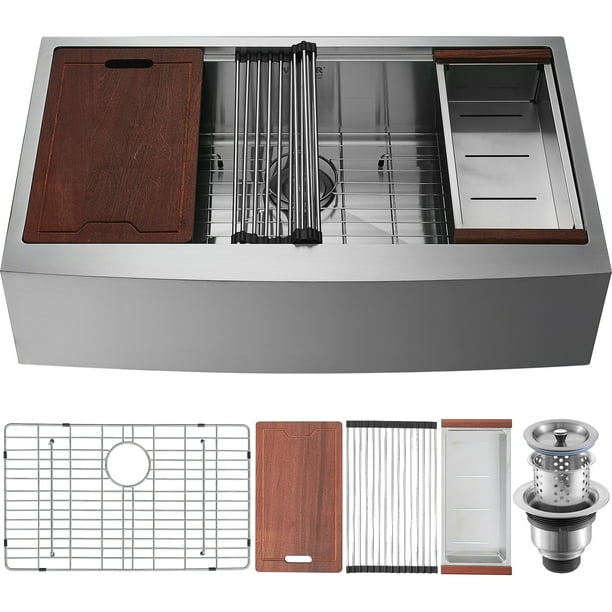Fregadero de cocina de estilo rústico VEVOR, fregaderos de empotrar de acero inoxidable 304, lavabo de un solo tazón con repisa y accesorios, fregaderos de lavavajillas domesticos