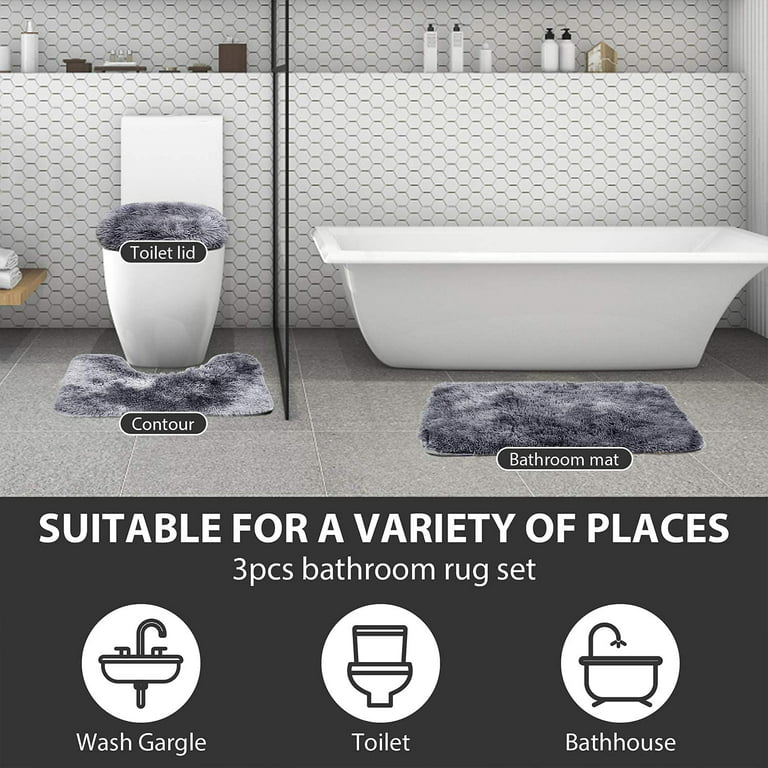 Sunhop Bathroom Rugs Sets 3 Piece, Bath Rug + Contour Mat + Toilet Seat Cover, Non-Slip Soft Thickness Faux Fur Rabbit Water Absorbent