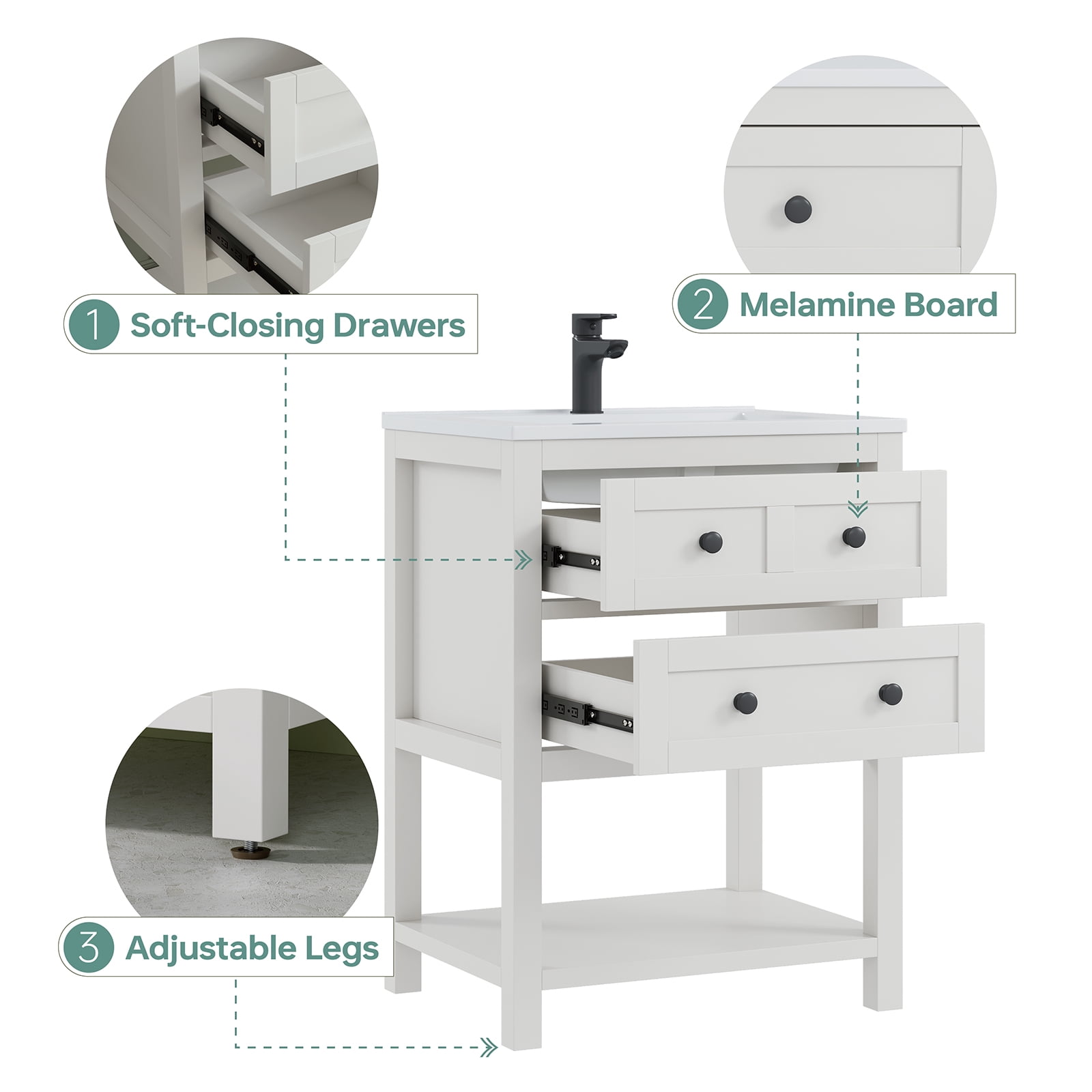 DELUXE LIVING 24" Bathroom Vanities with Sink Top, Adjustable Feet & Soft Closing Drawers, White