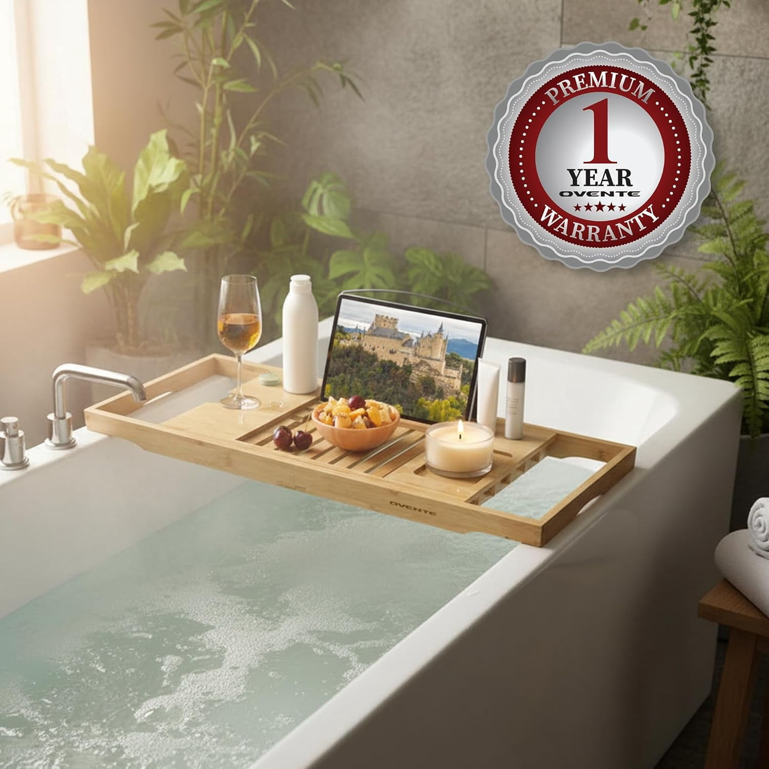 OVENTE Bathtub Tray Caddy, Expandable Bamboo Bath Tray Table, Wooden Tub Board with Books, Tablets, Phone and Wine Glass Holder, Bathroom Accessories and Home Spa Essentials, Wood BTC20228