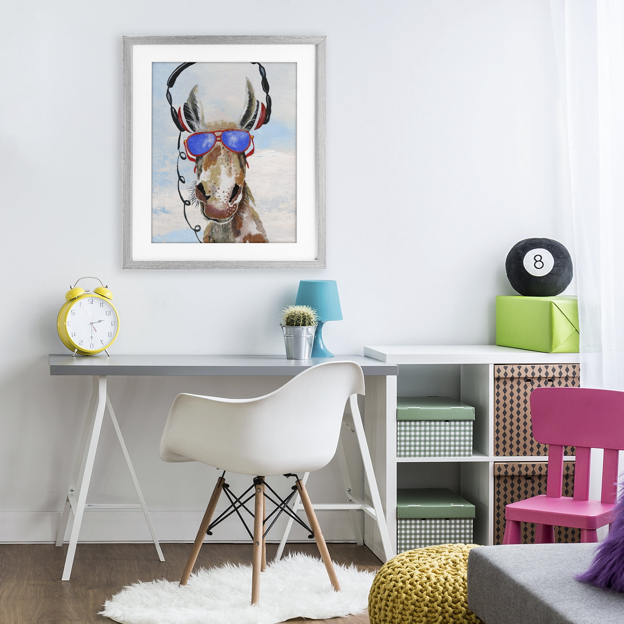 Stupell Industries Donkey Wearing Headphones Gray Framed Print Under Glass, design by Janet Tava
