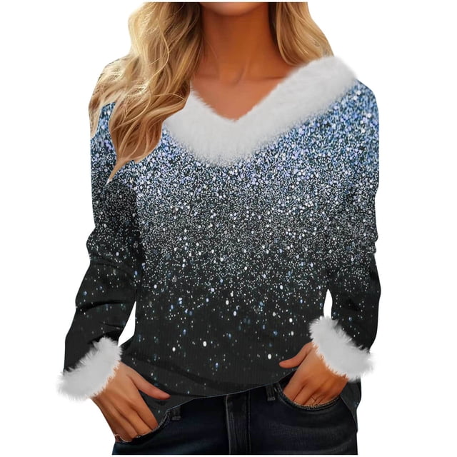Blouses pour Femmes, Blouses pour Femmes Mode, Chandail Ample pour Femmes à Manches Longues en Peluche à Col en V Blouses Mode, Blouses pour Femmes Mode, Hauts à Manches Longues pour Femmes