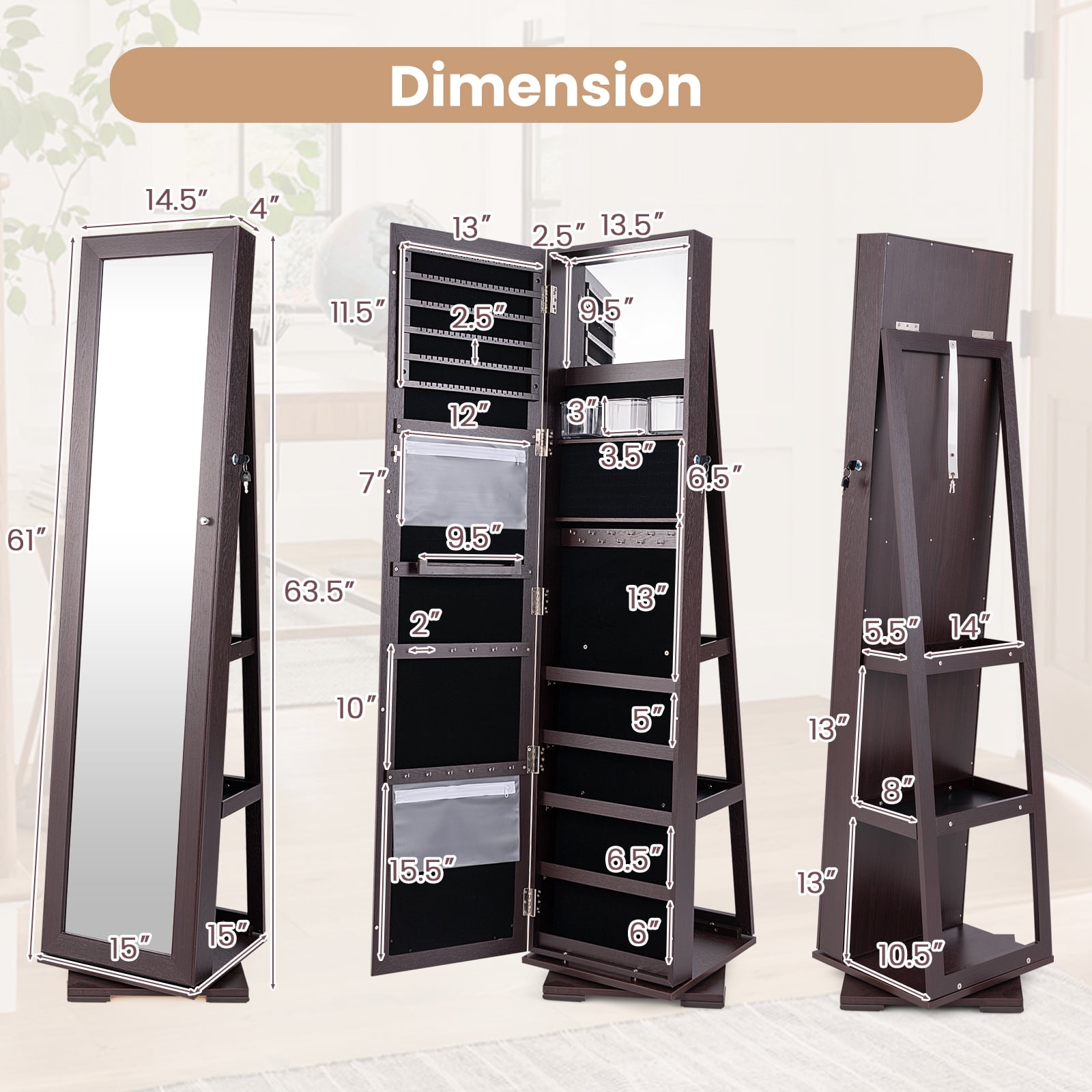 LVSOMT Armoire à Bijoux LED Miroir Arqué 360° – Grande Armoire Bijoux Sur Pied Rotative Avec Éclairage – Miroir Plein Longueur Verrouillable – Marron Bois