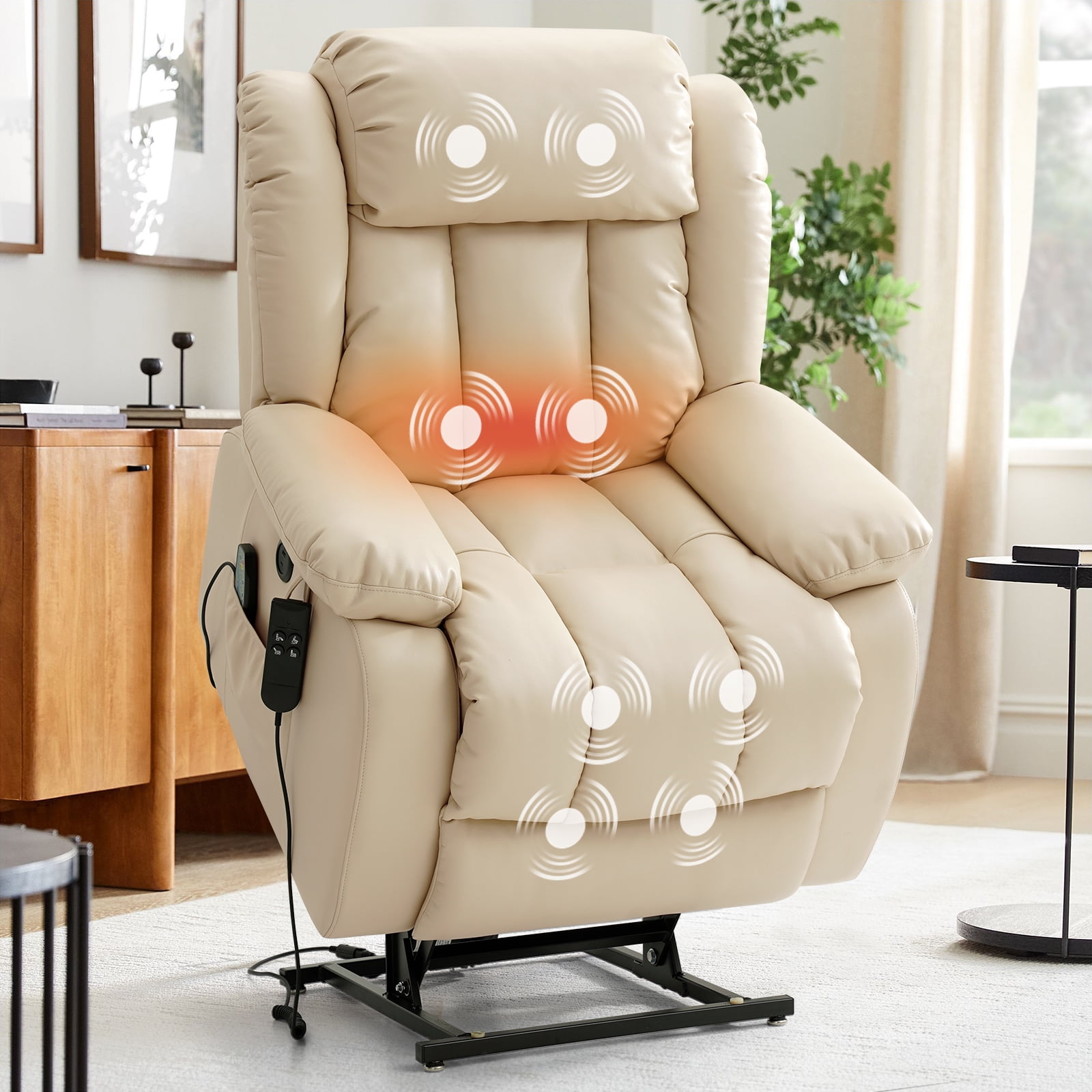 TEKAMON Infinite Position Lift Recliner Chair for Elderly with Heat and Massage Lay Flat Sleeping Leather Dual Motor Power Lift Chair for Living Room (Beige)