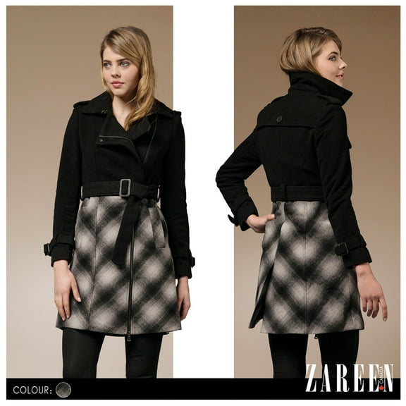 Zareen Wool Blend Pea Coat with Mixed Colours-BlackPlaid-S