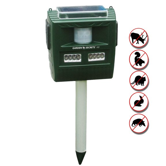 GARDEN SECRETS® 3-in-1 Professional ULTRASONIC ANIMAL REPELLENT. Skunk Raccoon Deer Coyote Cat Rat Mice etc Deterrent. Keep Pests Away from Your Property within 2-4 Weeks. Whole Year Full Warranty!