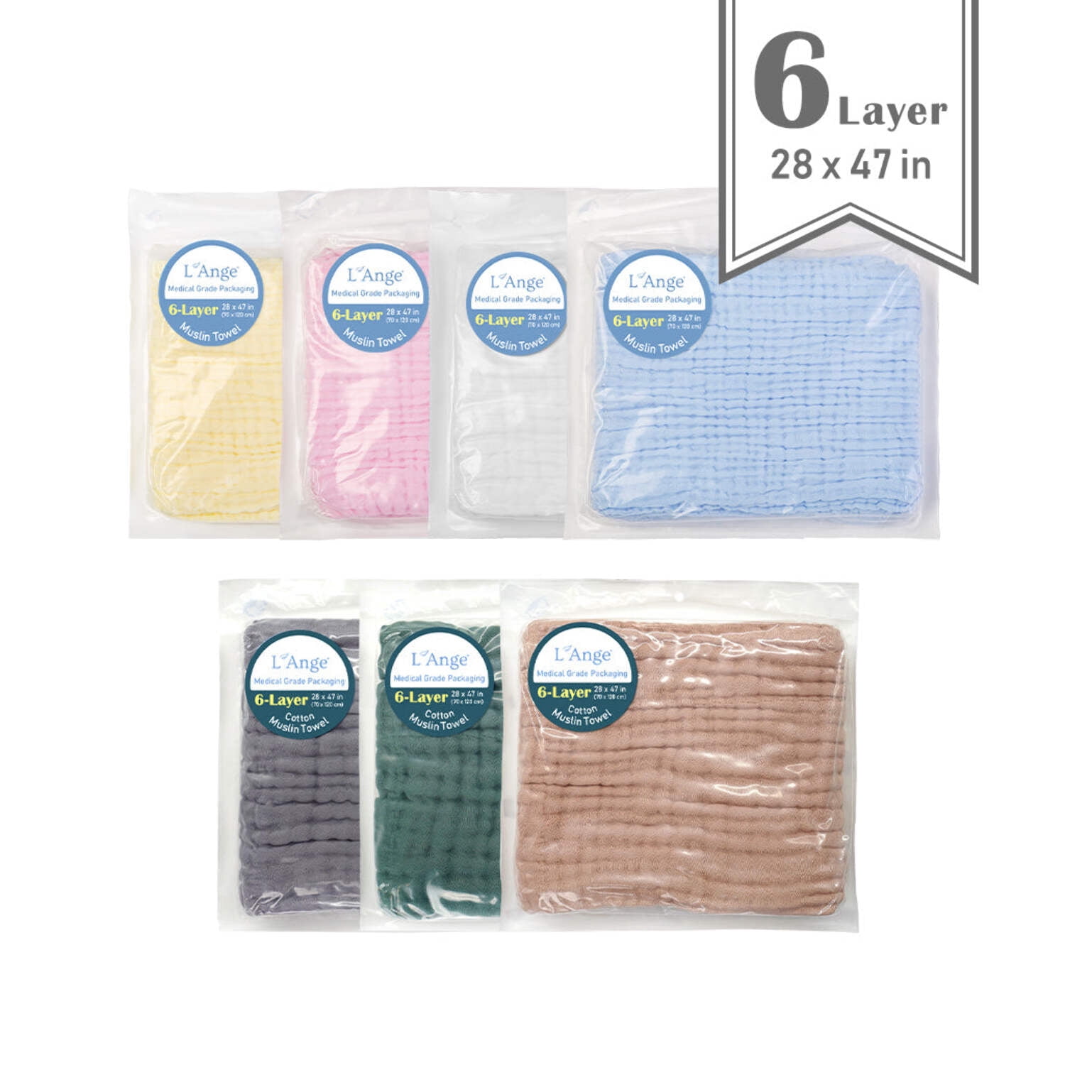 L'Ange Baby 6-Layer Medium Cotton Muslin Towel, blanket for Baby, Toddlers, Kids & Home, Soft, Lightweight, Absorbent, Gauze Towel, Suitable for Delicate Skin, Medical Grade Packaging, 28 x 47 inches