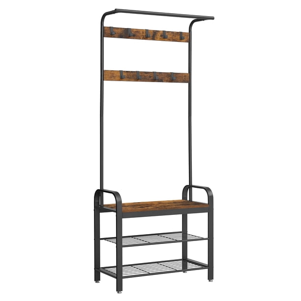 VASAGLE Perchero Zapatero, Perchero con Banco Recibidor, 4 en 1, 9 Ganchos Extraíbles, Barra Superior, para Entrada Pasillo, 33.7 x 77 x 183 cm, Industrial, Marrón Rústico y Negro
