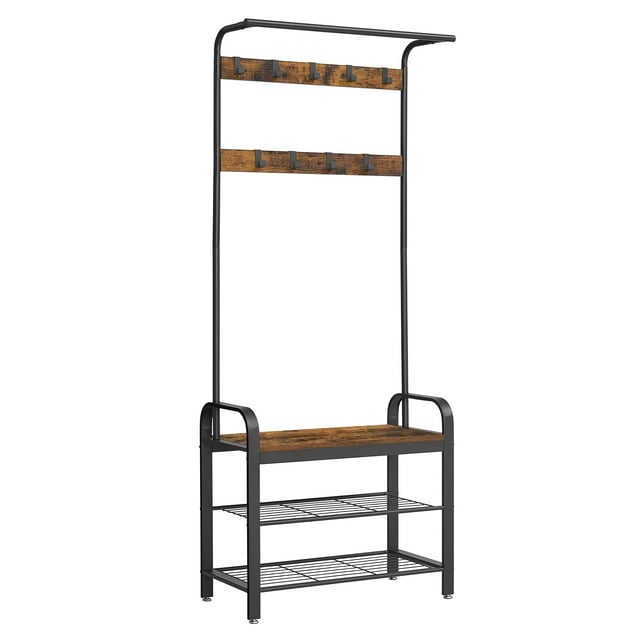 VASAGLE Perchero Zapatero, Perchero con Banco Recibidor, 4 en 1, 9 Ganchos Extraíbles, Barra Superior, para Entrada Pasillo, 33.7 x 77 x 183 cm, Industrial, Marrón Rústico y Negro