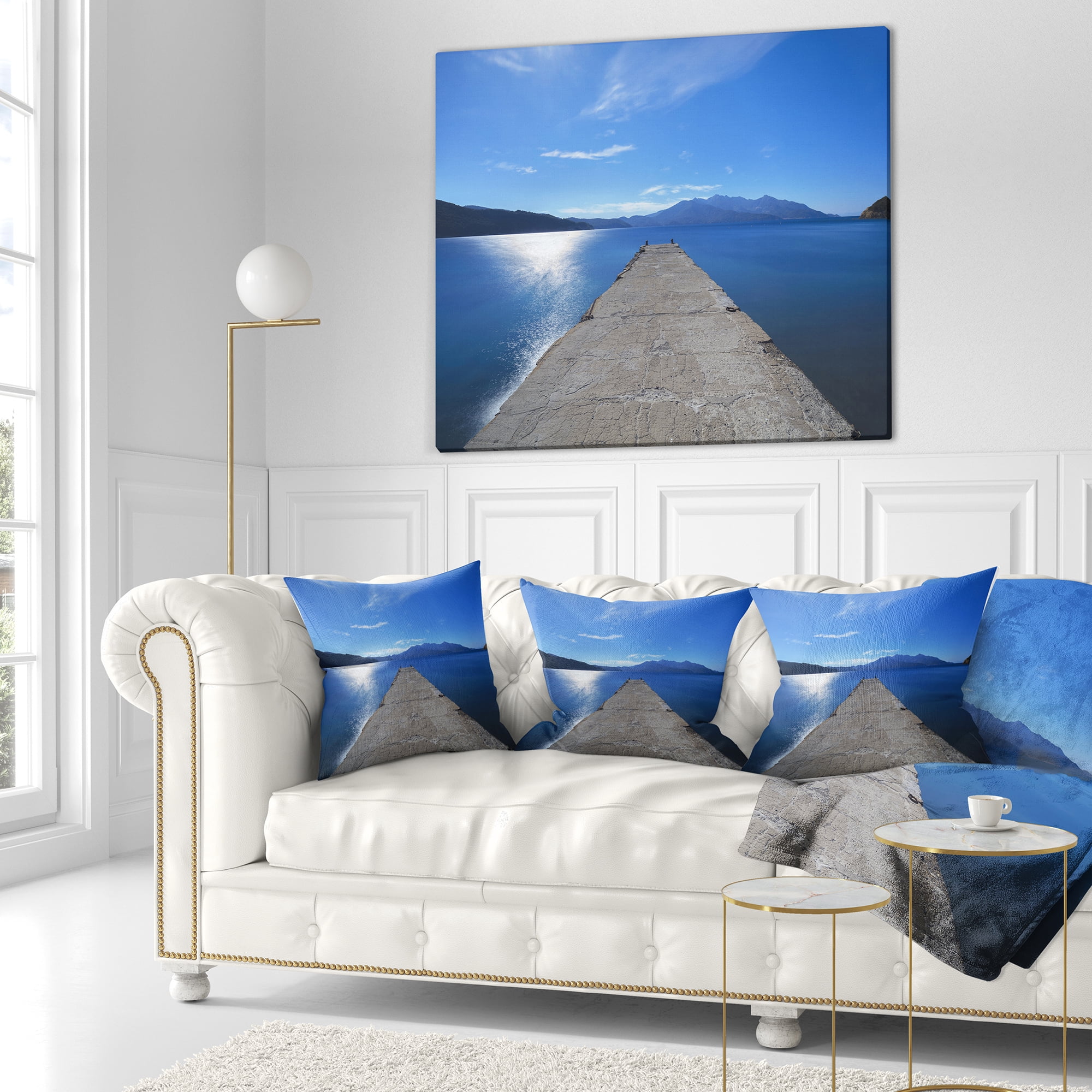 Designart Elba Island Pier and Capanne Mountain - Landscape Wall Throw Pillow - 18x18