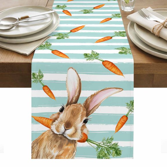 Easter Bunny Table Runner - 72 Inch Long, Kitchen Dining Table Runner Dresser Scarves, Spring Rabbits Carrots Turquoise Stripes Farmhouse Decor for Coffee Tables Wedding Party Banquet