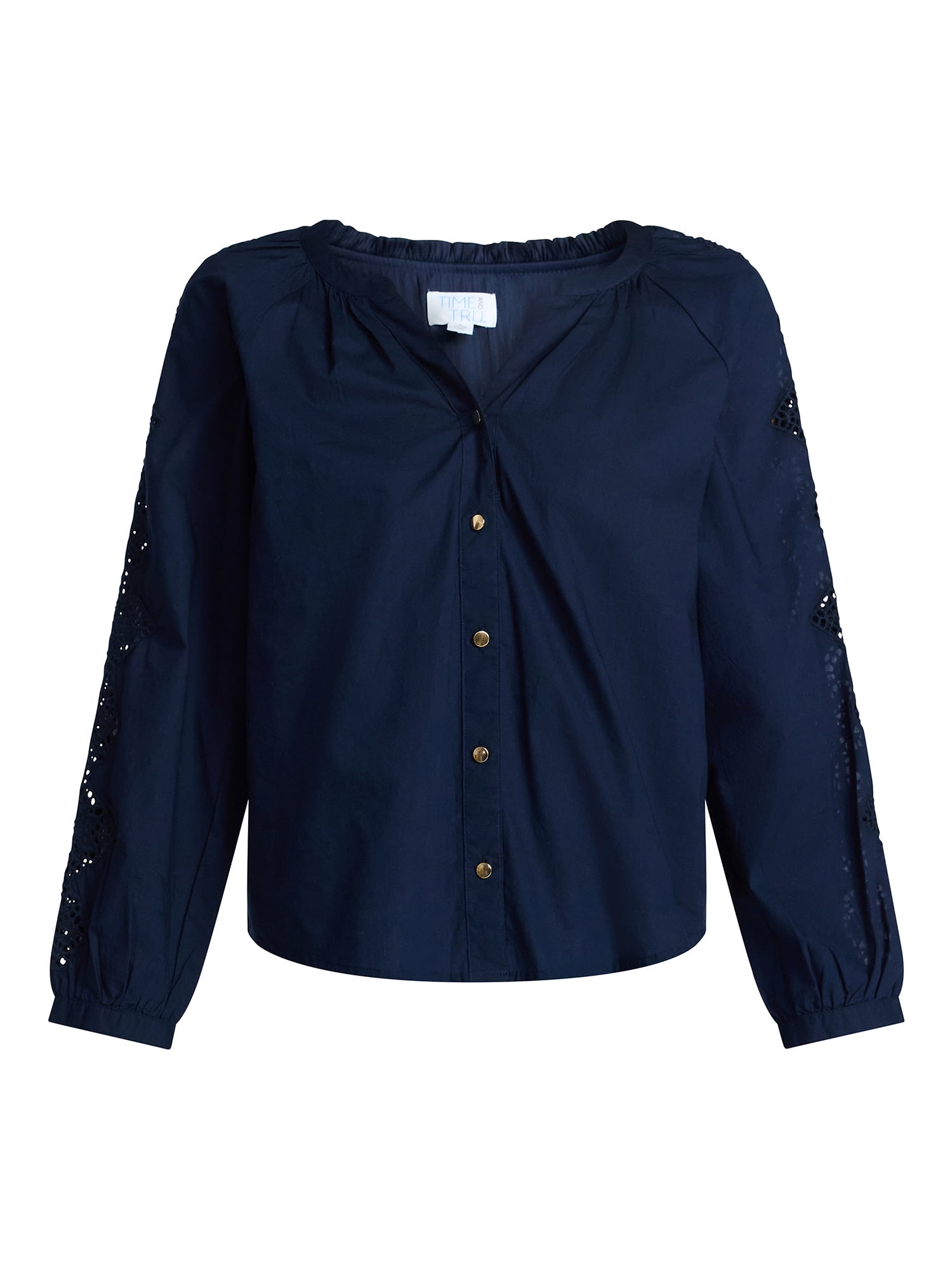 Time and Tru Women's Eyelet Blouse with Long Sleeves, Sizes XS-XXXL