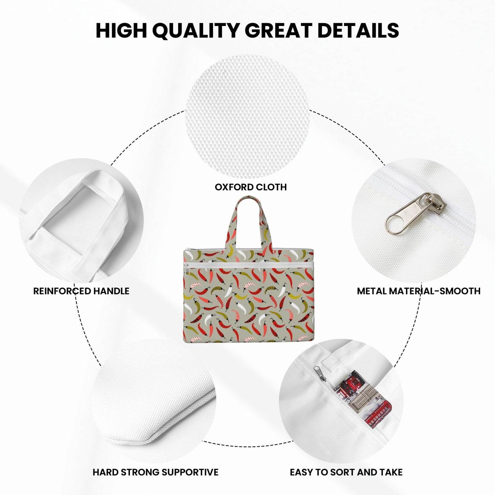 Kdxio Colorful Chili File Tote Document Bag Business Briefcase Bag Document Organizer Tote Briefcase for Letter A4 Files Business Teacher Office Bag