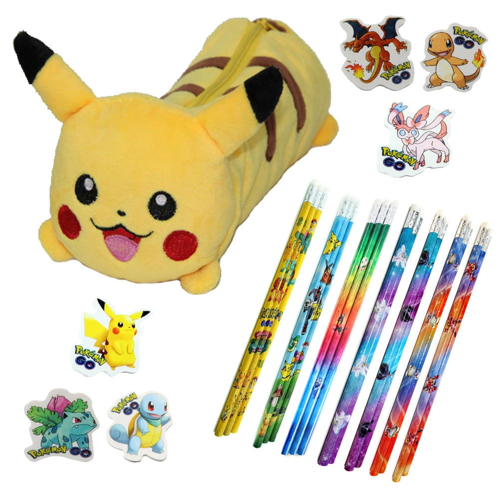 Pikachu Plush Pencil Case with 3 Pokemon Pencils and Erasers