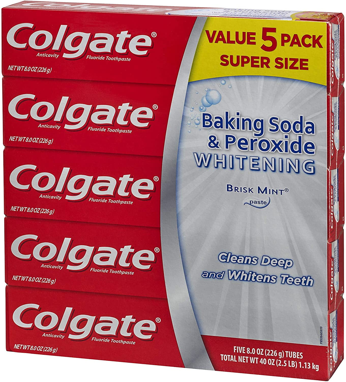 Colgate Baking Soda and Peroxide Whitening Toothpaste, Brisk Mint Paste, 5 Pack, 8 Ounces