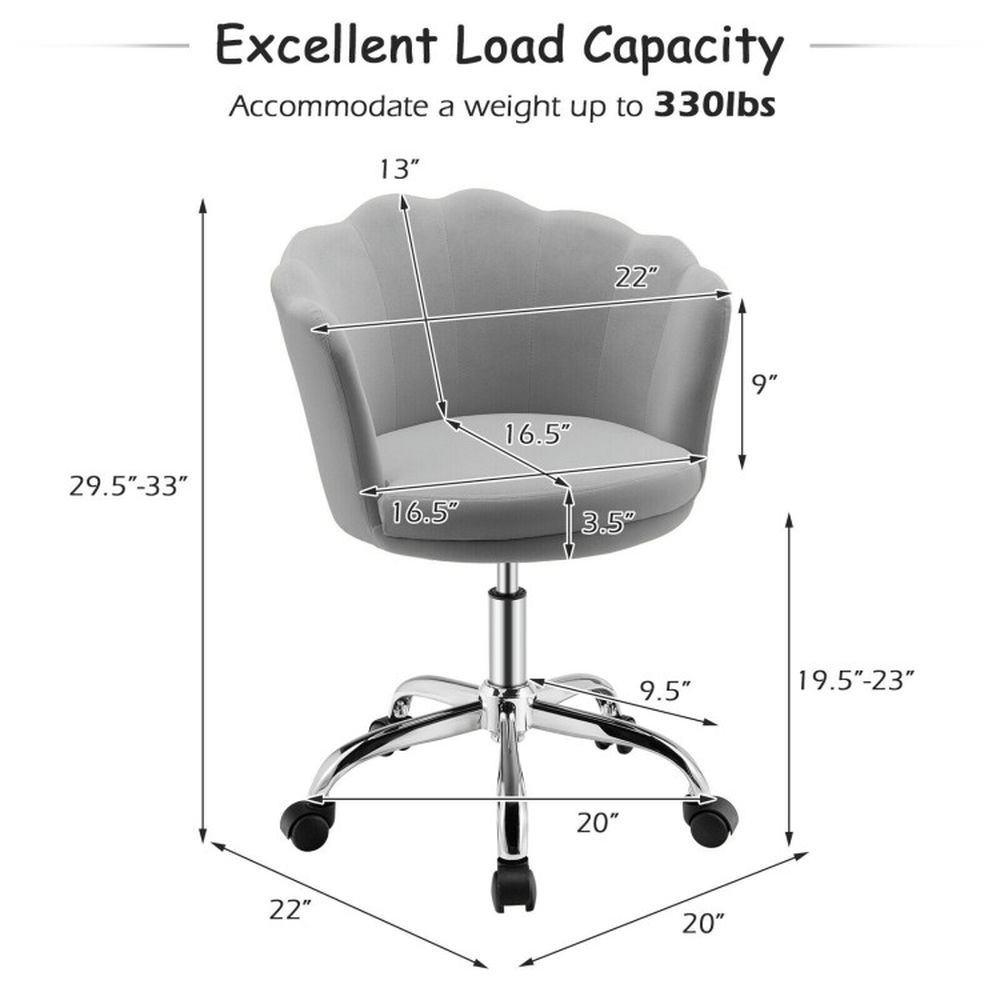 Demi Bonn Upholstered Velvet Desk Chair with Wheels and Seashell Back, Rolling Work Computer Office Chair, Gray