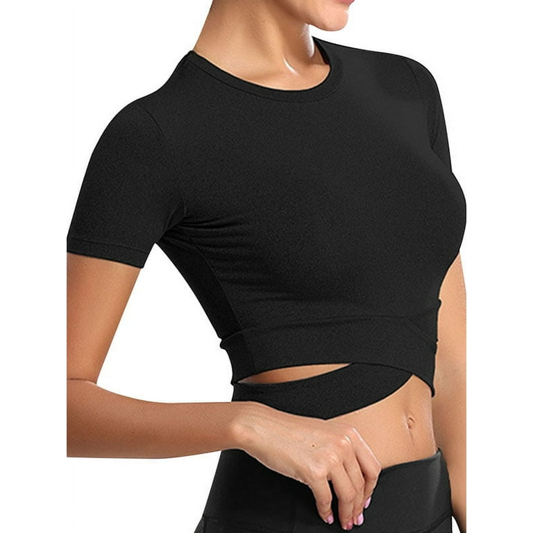 希少稀な ZXSXSY Women Neck Crew Sleeves Short Workout Bandage Cross Clothing