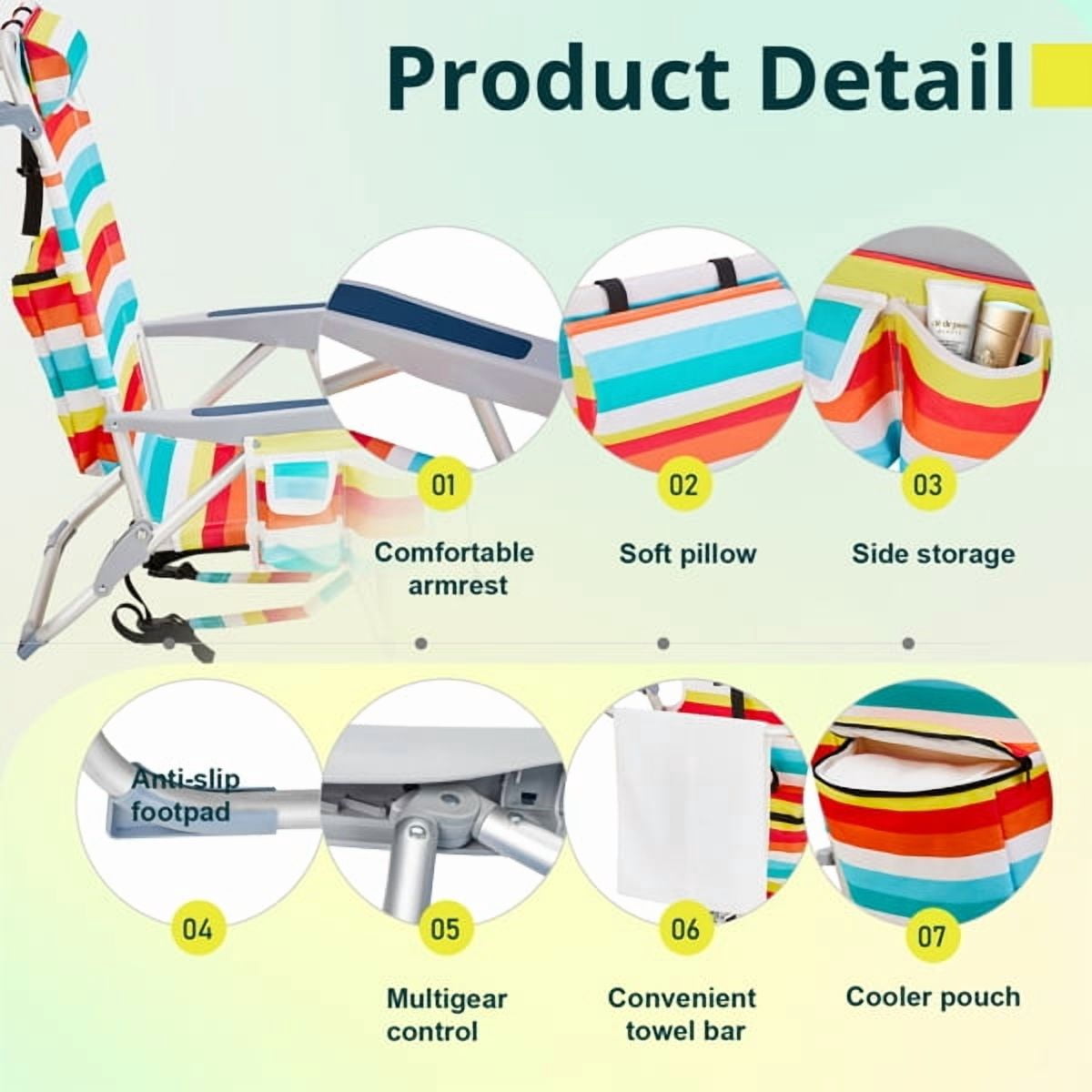 63*65*82cm Short Oxford Cloth Silver White Aluminum Tube Bearing 100kg Beach Chair Rainbow Stripes