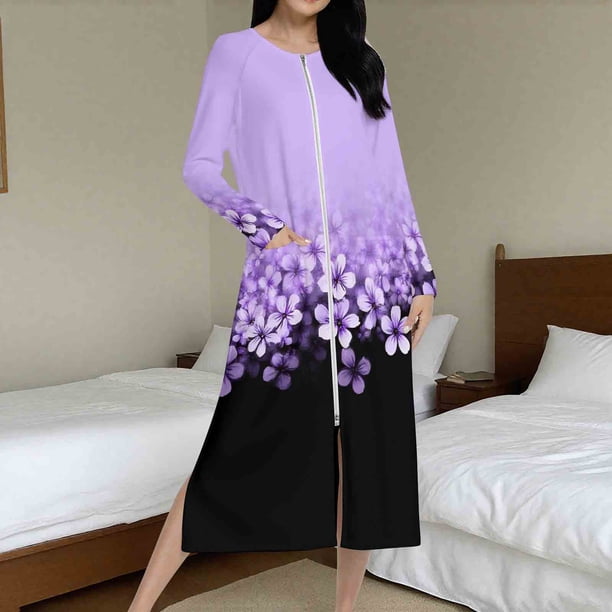 Batas de invierno para mujer, camisón cálido y camisón de invierno con cremallera y bolsillos, pijama holgado para mujer.