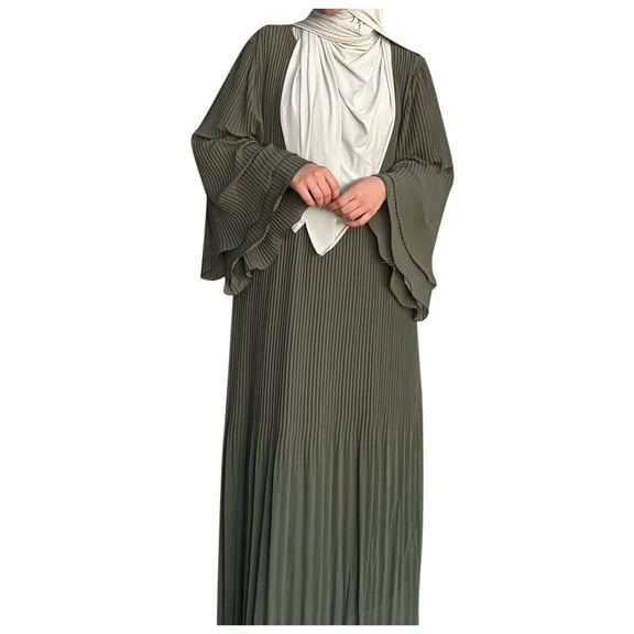 Women Dubai Abaya Dress Chiffon Pleated Solid Flowy Long Sleeve Elegant Clothing