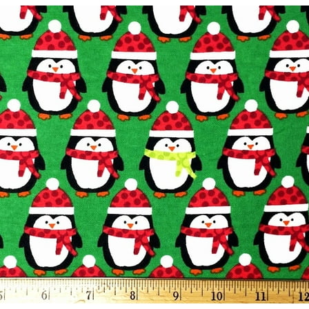 1/2 Yard - Christmas Penguins Striped on Green Flannel Fabric (Great for Quilting, Sewing, Craft Projects, Throw Pillows & More) 1/2 Yard X 44" Wide