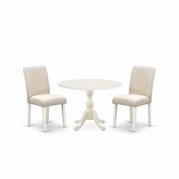East West Furniture DMAB3-LWH-02 3 Piece Dining Room Set Includes 1 Drop Leaves Wood Table and 2 Light Beige Linen Fabric Dinning Chairs with High Back - Linen White Finish