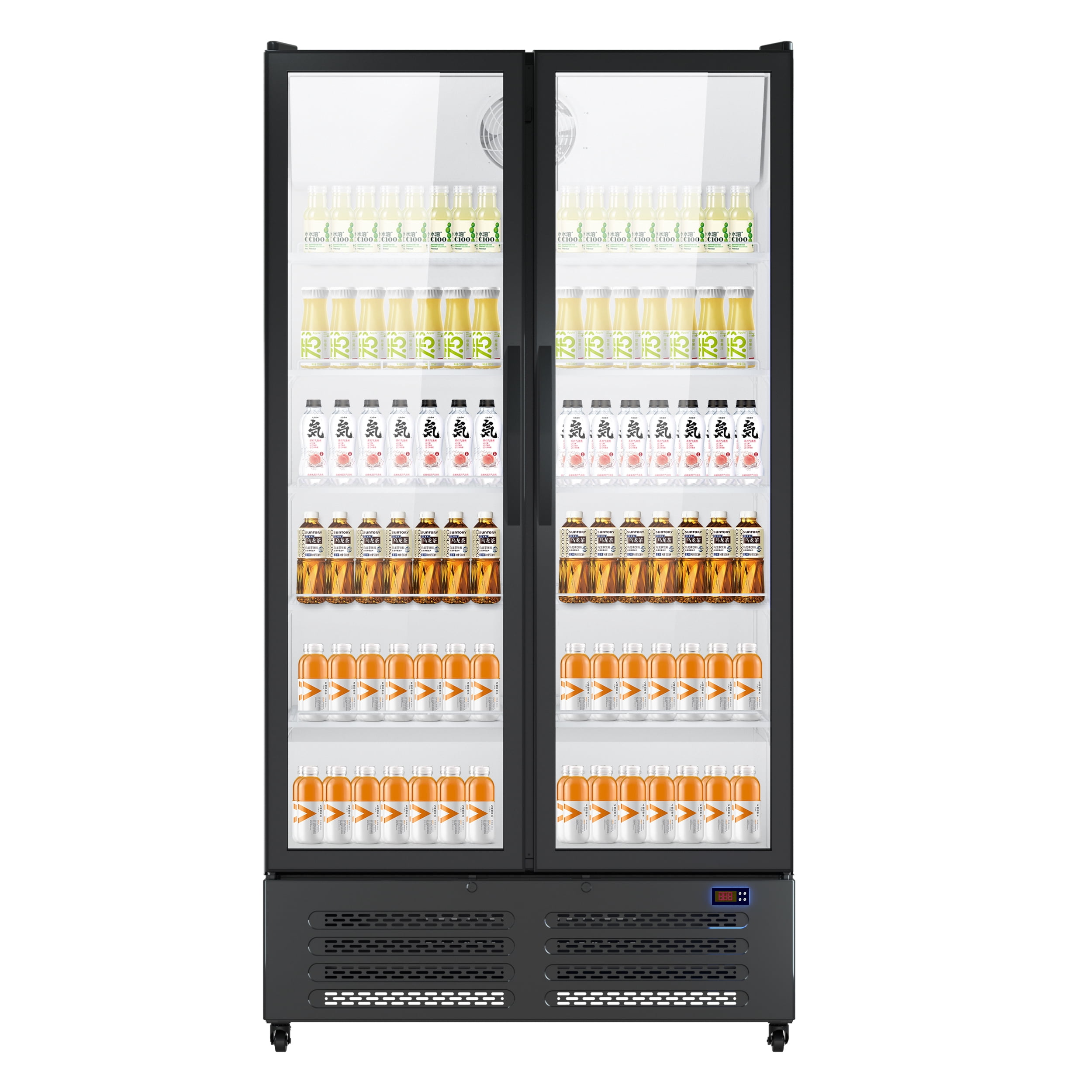 Commercial Refrigerator, 2 Door Display Fridge Merchandiser Upright Beverage Cooler, Double Glass Door Fridge with Adjustable Shelves & Drink Organizers, 25.5 Cu. Ft. Black