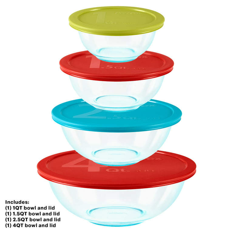 pyrexhome glass mixing bowls with lids are just $12.99 after $3 off through  8/29! 🤩 This comes with four different sized bowls.
