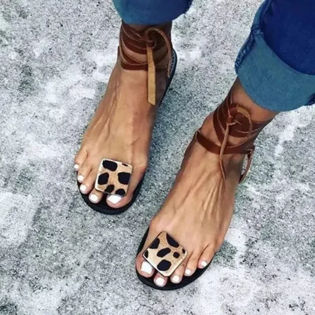 

Women Leopard Print Roman Style Lace-Up Flats Sandals Open Toe Shoes