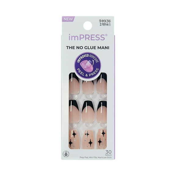 imPRESS Design Press On Nails , No Glue Needed, Black Tip, Medium Length, Coffin Shape, 30 Ct.
