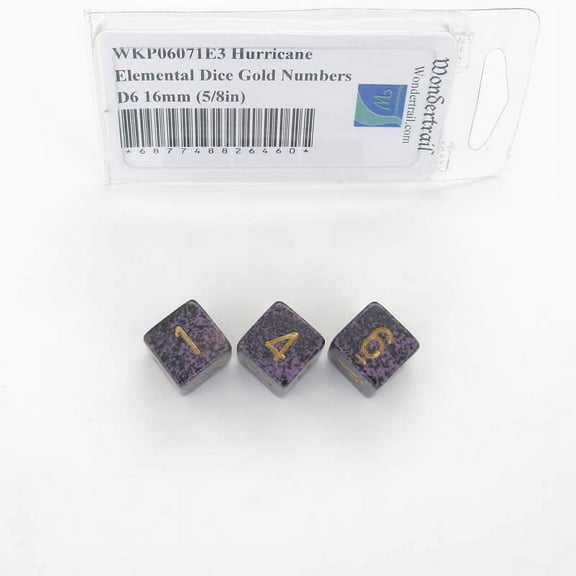 Hurricane Elemental Dice with Gold Numbers D6 16mm (5/8in) Pack of 3 Wondertrail