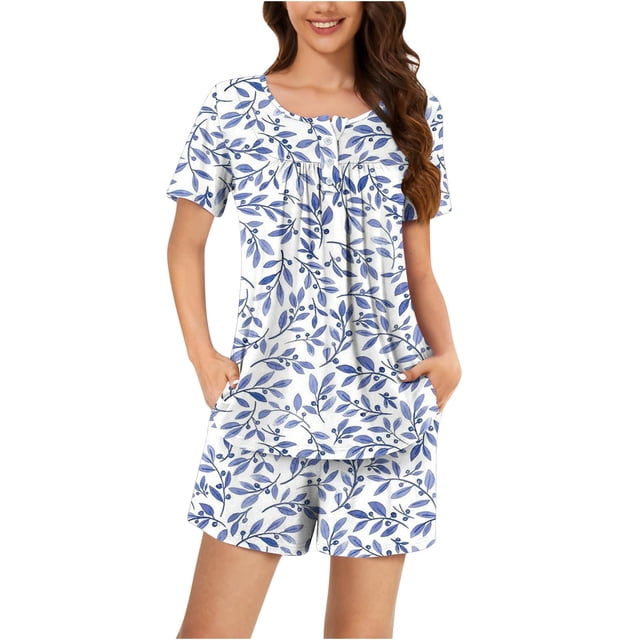PEZHADA Pantalon de Pyjama Léger pour Femmes Femmes Décontracté Col Rond Imprimé Blouse à Manches Courtes Pantalon Mode Ensemble de Pyjama Pantalon de Pyjama Doux pour Femmes