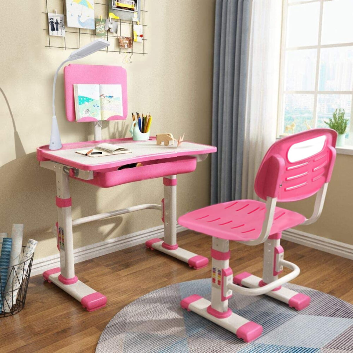 Childrens Study Desk Chair Set Multifunctional Study Table with Book Stand Height Adjustable Writing Desk Table