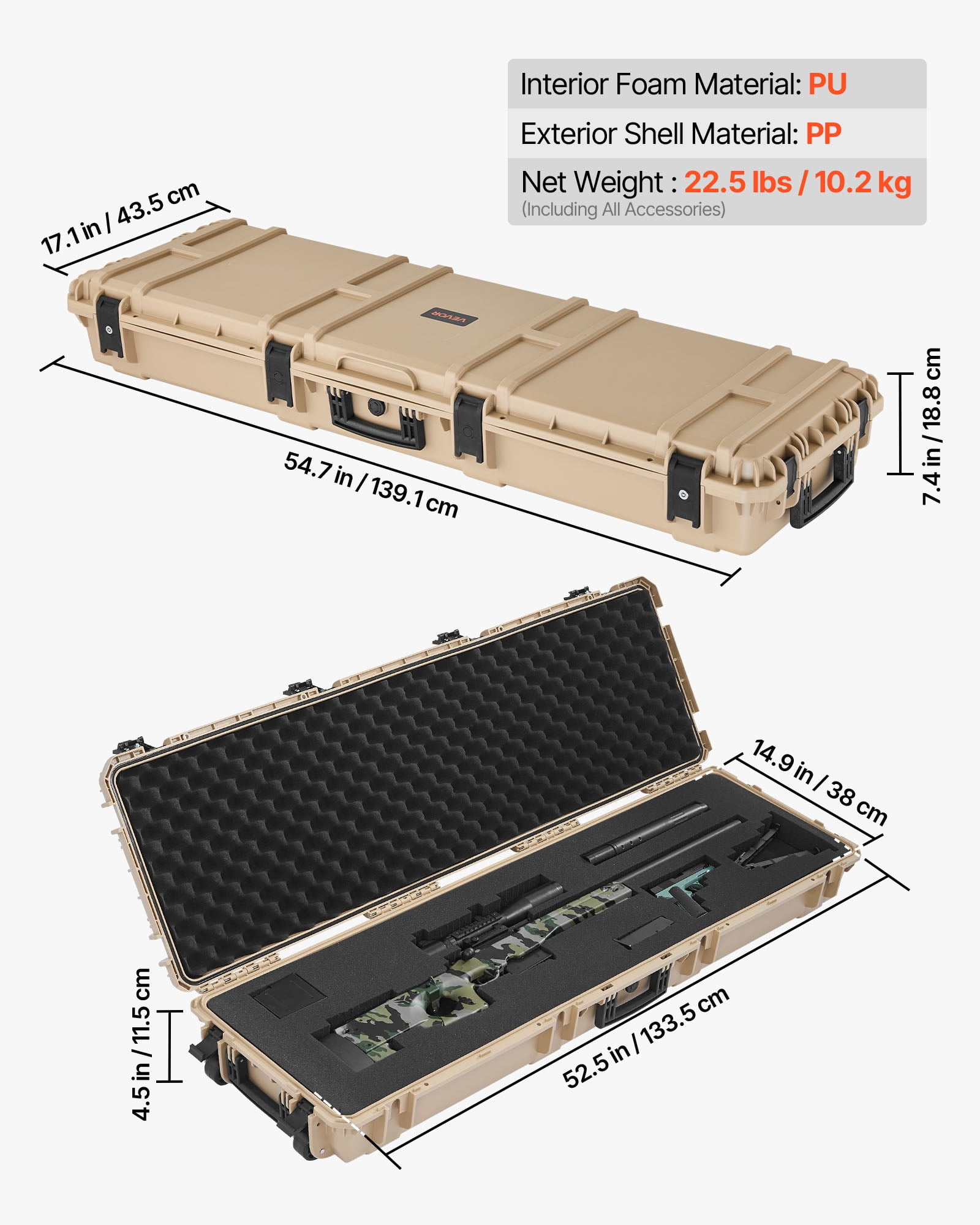 VEVOR Hard Rifle Case, Lockable Rifle Case with Pre-cut Foams, 52 in Gun Storage with Wheels, Heavy Duty IP67 Waterproof & Dustproof Pistol Storage Cases for Rifles, Shotguns, Airsoft Guns, Khaki