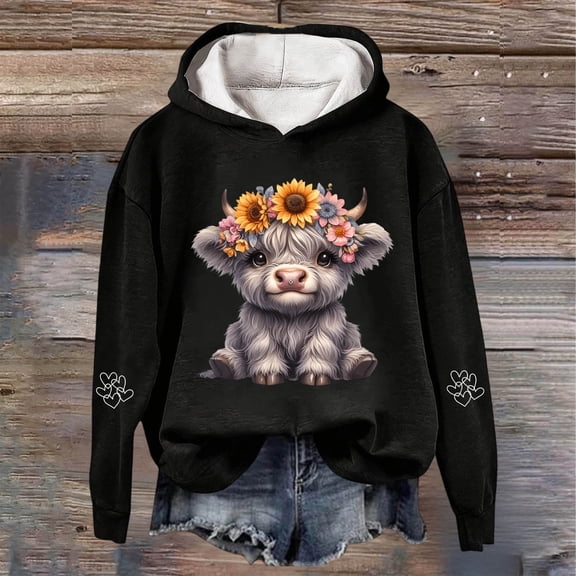 Womens Hoodie Casual Flower Wreath Highland Cow Graphic Pullover Hooded Long Sleeve Cottagecore Festival Loose Fit Top Black L