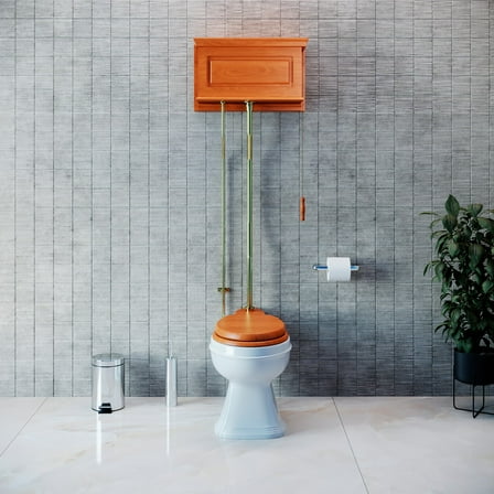 Light Oak Finish High Tank Pull Chain Toilet Wooden Raised Tank Round Top Entry White Porcelain Bowl and Brass Z Pipes Adjustable Height 59"- 74" w/Hardware Renovators Supply