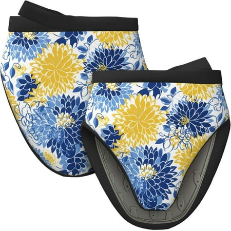 

HPINK-T Flower Floral Blue Yellow Mini Silicone Oven Mitts Set of 2 Heat Resistant Baking Cooking Gloves Small Short Mittens with Hanging Loop for Kitchen Grill BBQ