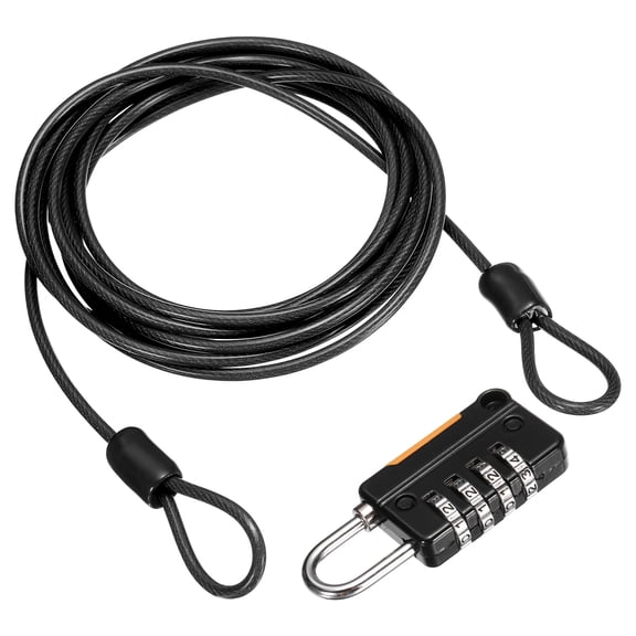 Uxcell Security Steel Cable with 4 Digit Combination Lock, 6.6Ft Coated Safety Black Wire Rope Double Loop Padlock