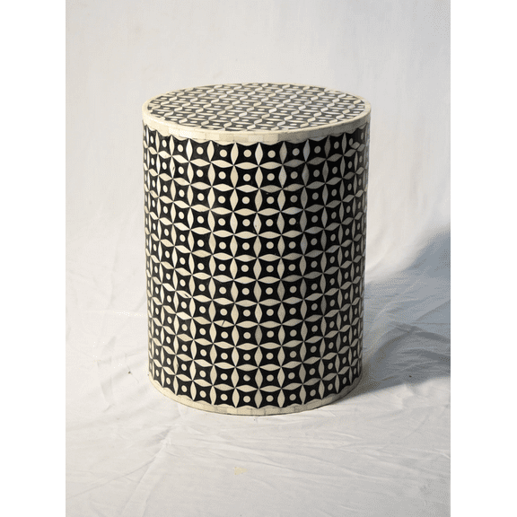Bone Inlay End Table – Cylindrical Star Pattern Side Table in Black and White