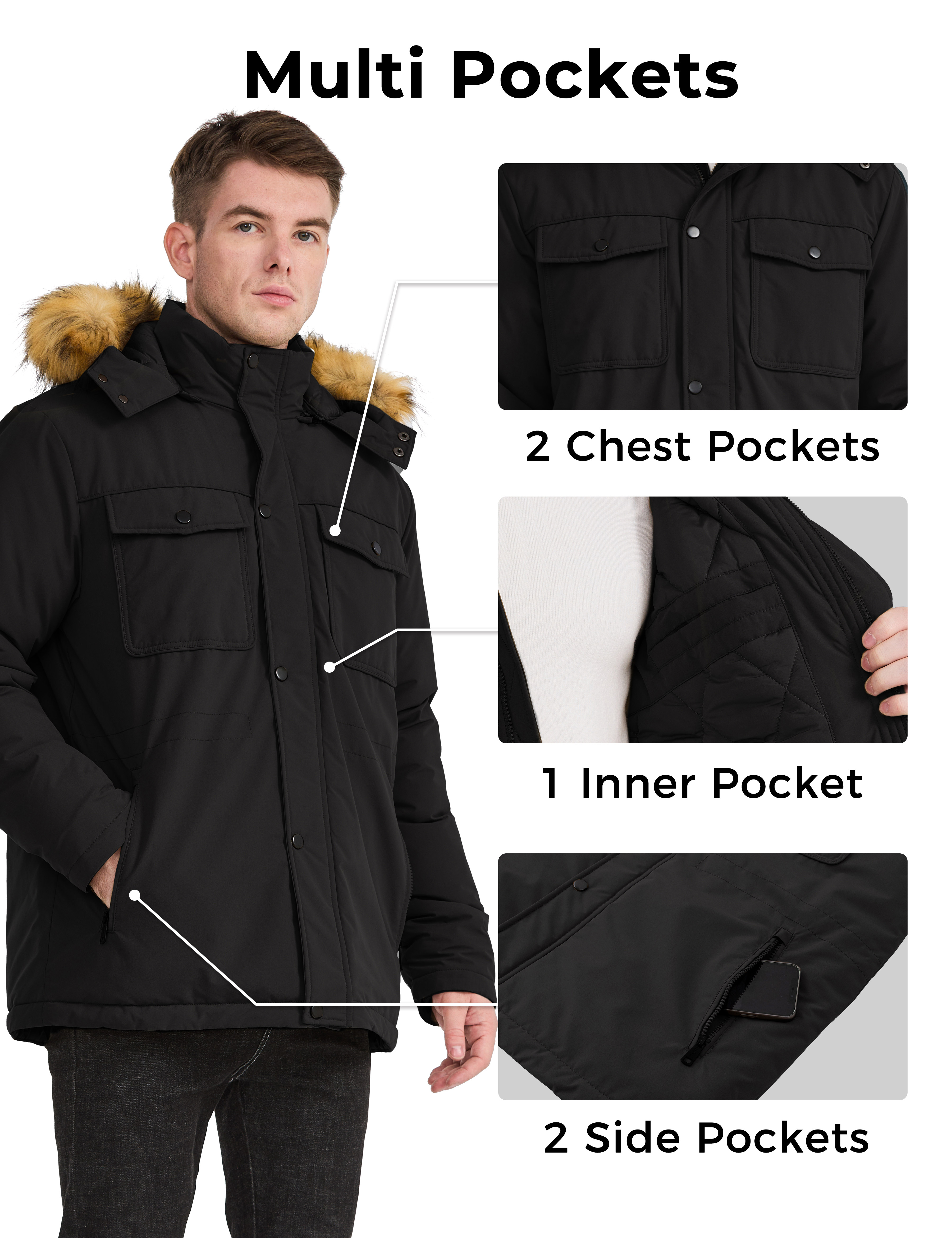 WenVen Men's Winter Parka Jacket, Black photo 8