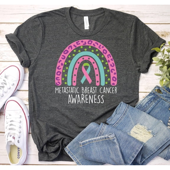 Metastatic Breast Cancer Awareness Rainbow Ribbon Graphic T-Shirt, Unisex Classic Fit, 180 GSM Cotton-Rich Fabric