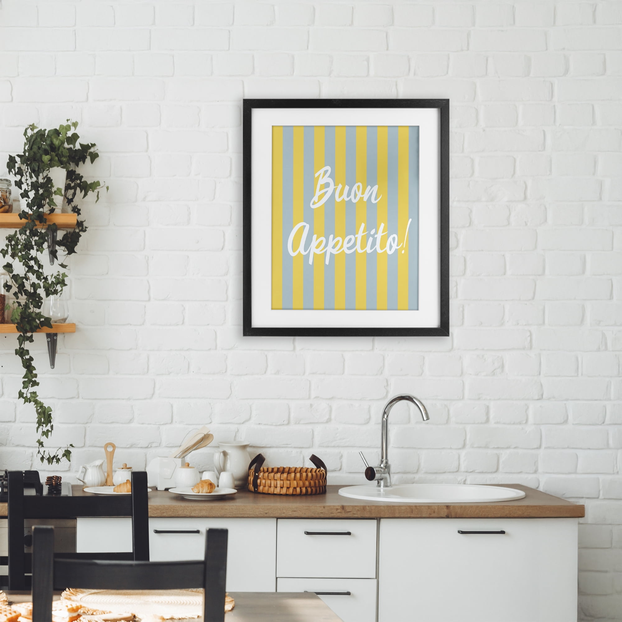 Stupell Industries Buon Appetito Blue Yellow Stripes Black Framed Print Under Glass, design by SD Graphics Studio