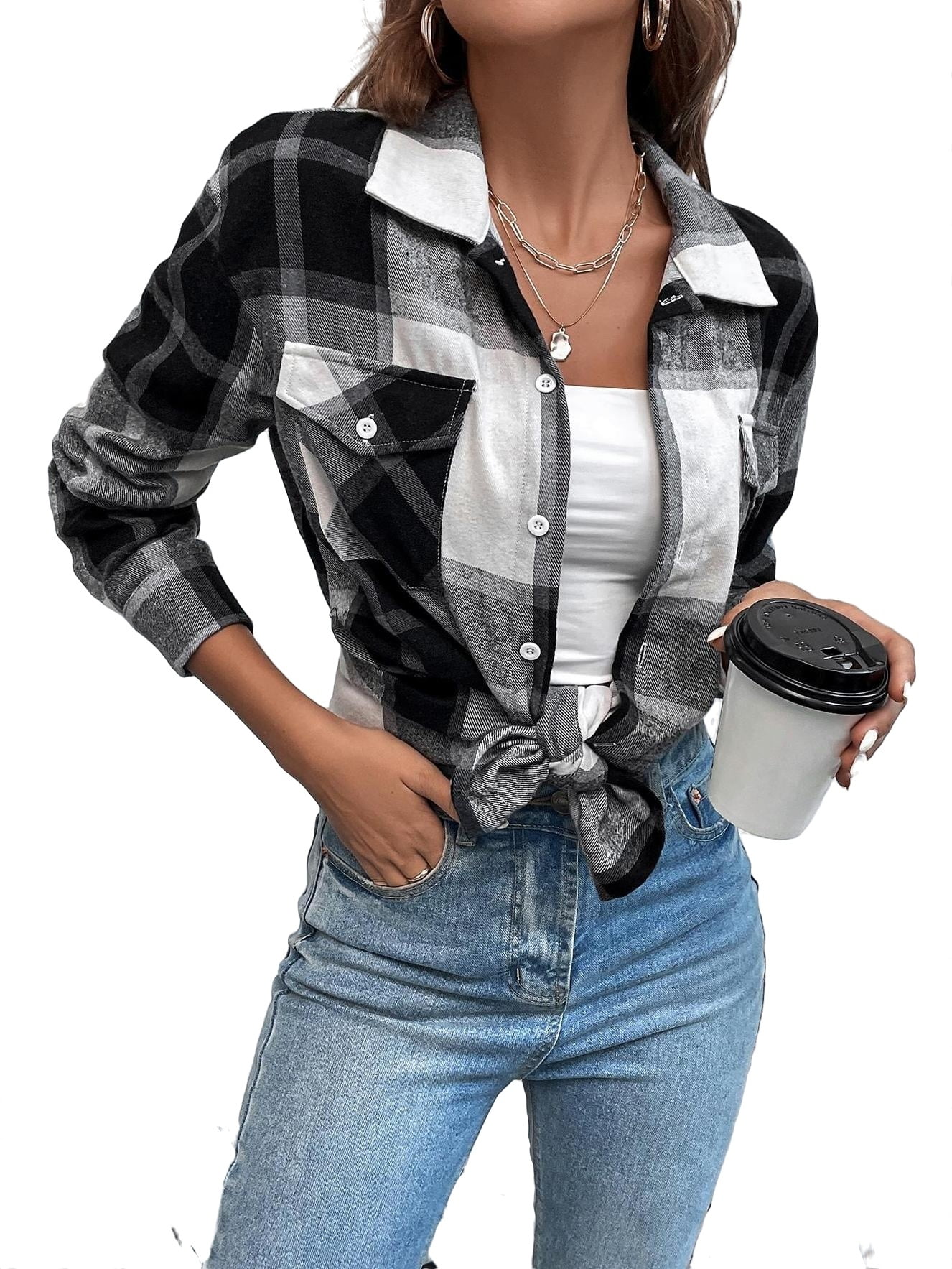 Casual Plaid Drop Shoulder Shirt Long Sleeve Black and White Women's ...